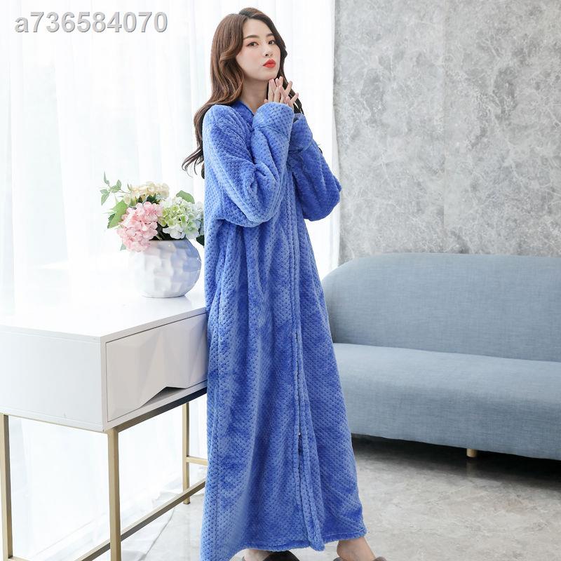 Oyster☎Áo choàng tắm dáng dài phối khóa kéo bằng vải Flannel thời trang mùa thu đông dành cho nữ | BigBuy360 - bigbuy360.vn