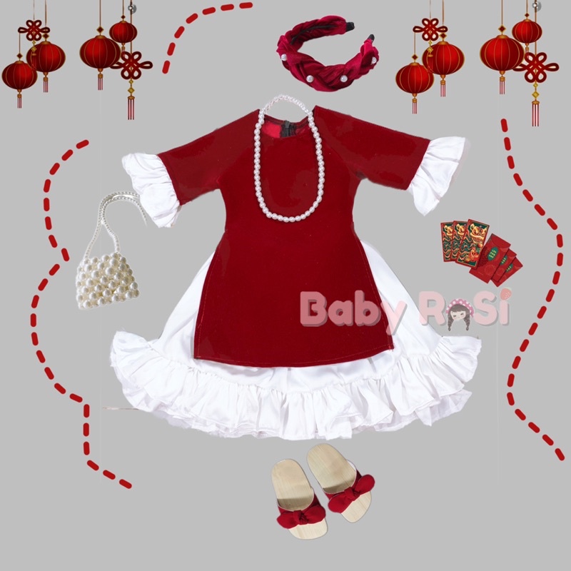 sét áo dài nhung 4 món cho bé ( áo- chân váy- cài tóc và dây chuyền)