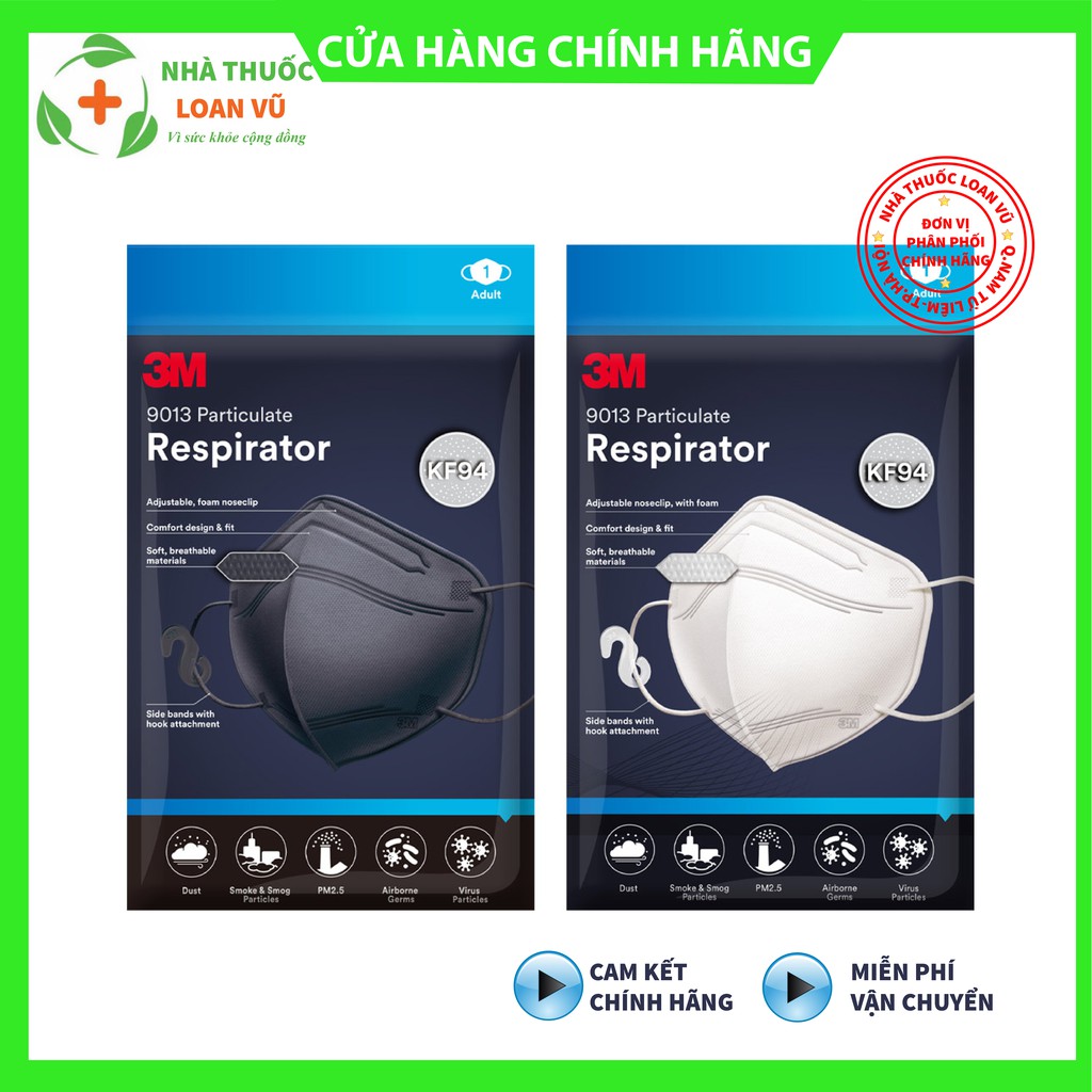 Khẩu trang y tế 3M 9013 đạt chuẩn KF94 chống dịch, ngăn ngừa bụi mịn PM2.5 - 2 màu trắng đen tương đương khẩu trang N95