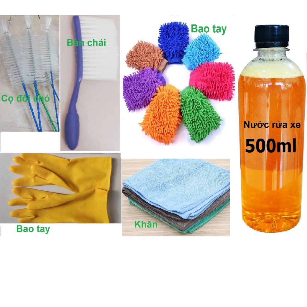 [Bộ dụng cụ 6 món rửa xe] Bao tay san hô -Cọ đuôi chó-khăn lau xe-bàn chải chà rửa xe-bao tay cao su-nước rửa xe rất rẻ