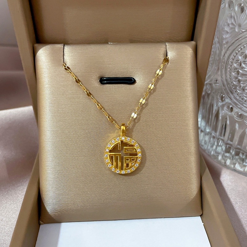 Dây chuyền titan nữ KHÔNG GỈ vòng cổ vàng mạ 18k mặt chữ phúc phong cách retro cổ điển sang trọng trang sức titan cao cấp