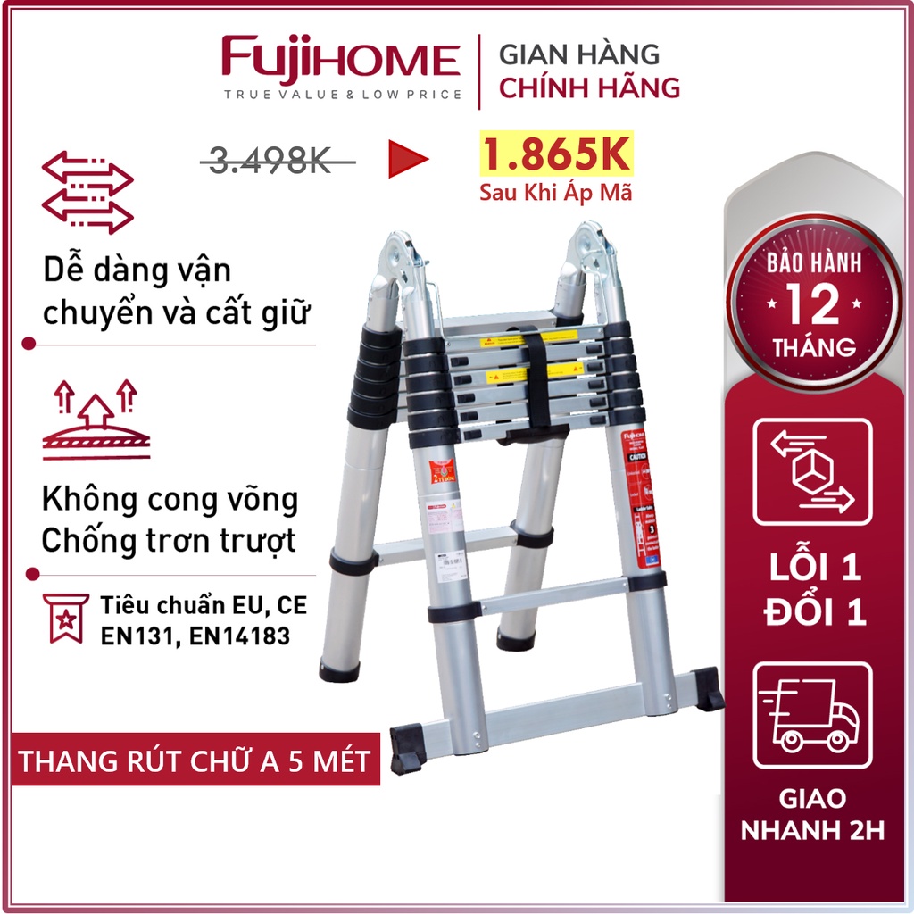 Thang nhôm rút chữ A Nhập Khẩu 4,4M - 5M gấp gọn chính hãng FUJIHOME, thang rút đôi xếp gọn gia đình đa năng Nhật Bản