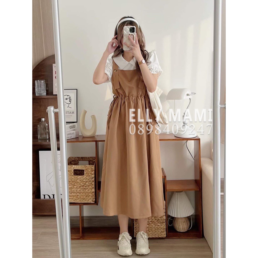 ( 40kg - 85kg ) Set Yếm Bầu , Suông Cúc Sơmi Tay Phồng From Dễ Mặc Thoải Mái Suốt Thai Kì &amp; Sau Sinh ( Yếm + Áo )