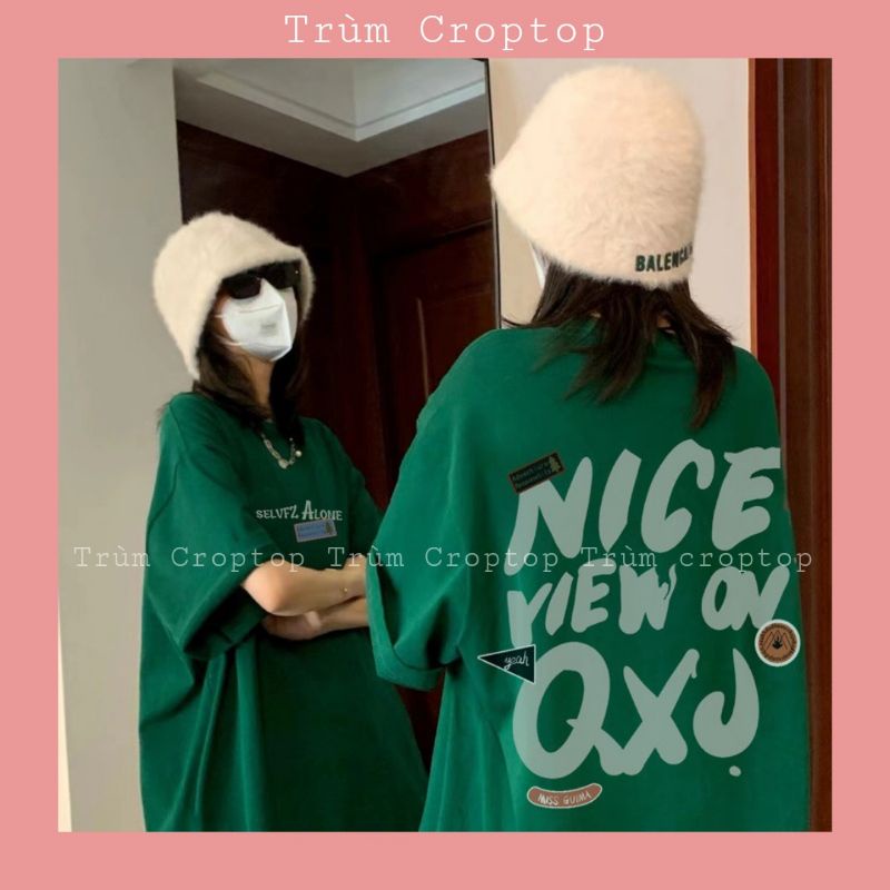 Áo Tay Lỡ In Chữ Nice Màu Xanh Form Unisex Nam Nữ Phông Rộng Basic