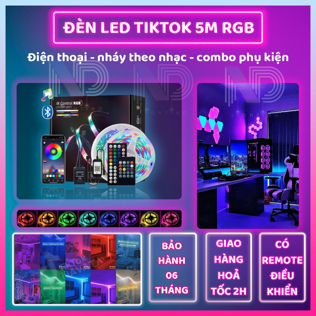 Đèn led dây 5m RGB 16 triệu màu điều khiển bằng điện thoại và Remote - nháy theo nhạc - combo đủ bộ phụ kiện