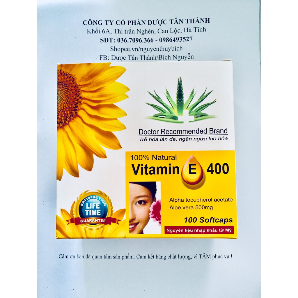 Vitamin E dầu hoa hướng dương, hộp 100 viên, da mịn, cân bằng nội tiết