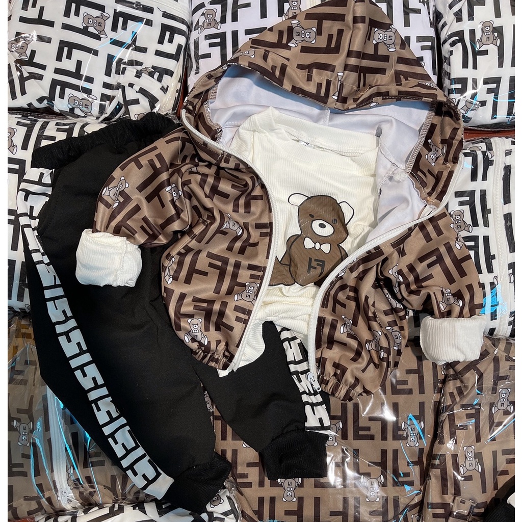 Quần áo thu đông bé trai, Sét 3 chi tiết họa tiết gấu F.F in tràn cho bé