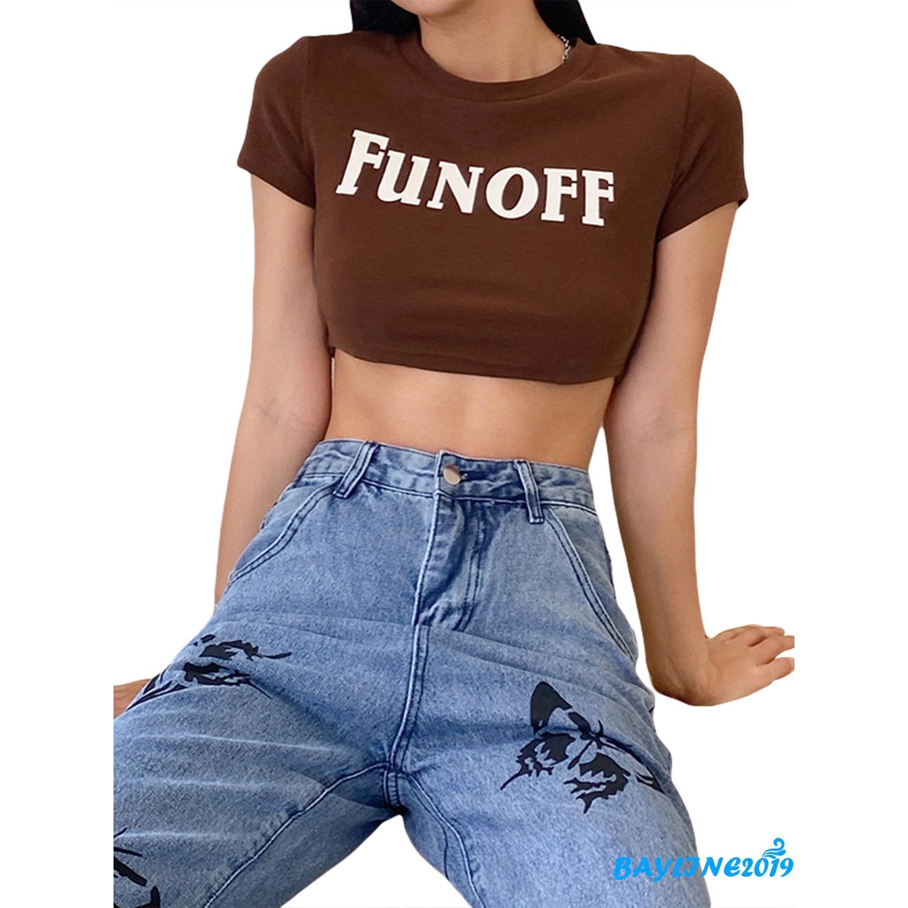 Áo croptop tay ngắn vải thun họa tiết chữ thời trang cho nữ