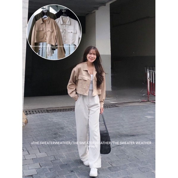 Áo khoác suede da lộn chỉ nổi dáng croptop the.sweaterweather TSW (ảnh thật)