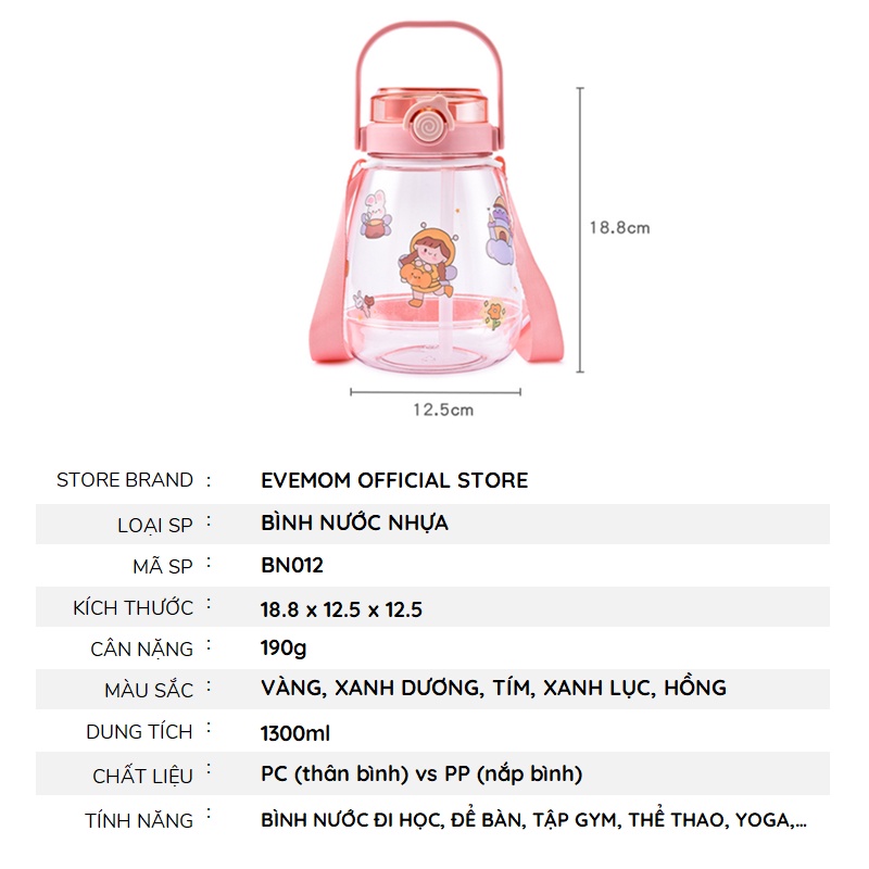 Bình Nước Bụng Bự 1300ml Cute Dễ Thương Tặng Kèm Sticker EVEMOM STORE BN012