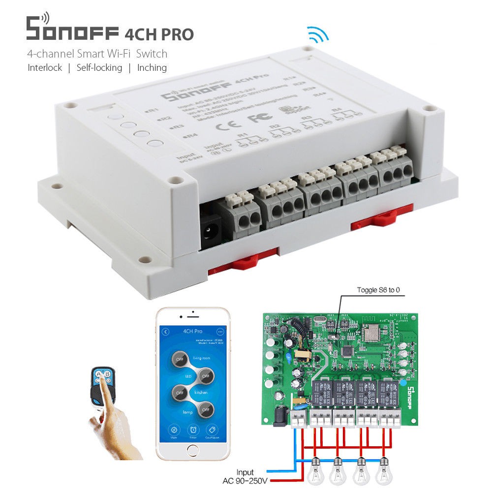 Công Tắc Sonoff Thông Minh 4CH Pro R2 Điều Khiển Từ Xa Bằng Điện Thoại Qua Mạng Wifi