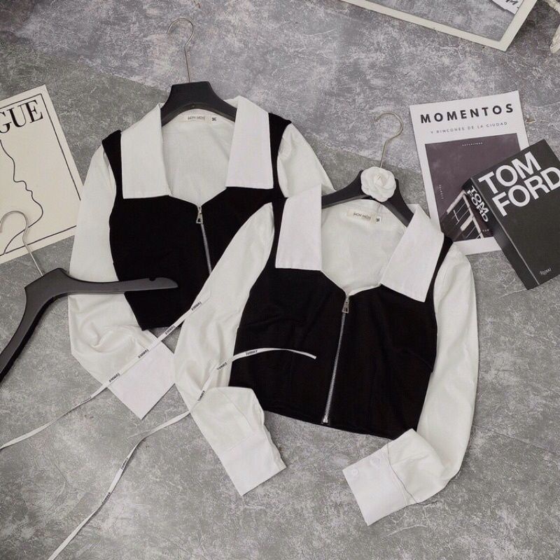 Áo sơ mi CROPTOP trắng phối đen Khoá kéo cực chất