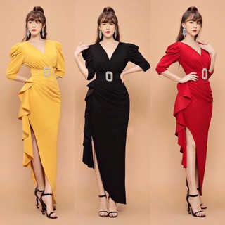 Đầm ôm tay dài nhún bèo hông. TK