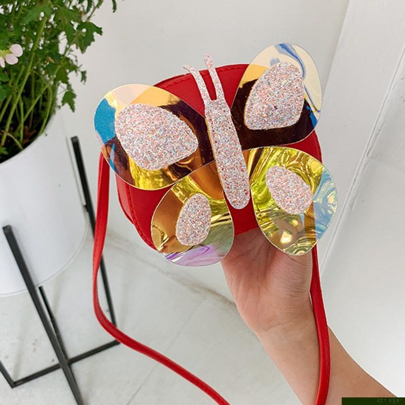 Túi đeo chéo mini bằng da PU đính sequin hình bướm dễ thương cho bé gái