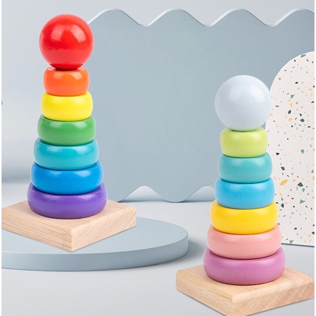 Đồ Chơi Gỗ Tháp Cầu Vồng 7 Màu - Đồ Chơi Gỗ Montessori Phát Triển Kỹ Năng Cho Bé