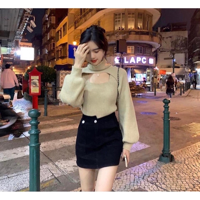 Áo len cổ lọ khoét ngực sexy, set áo kiểu kèm áo len ba lỗ sang chảnh, chất len tăm siêm ấm-PENNY V218