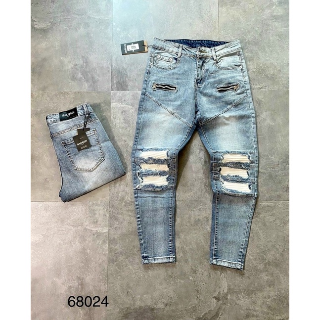 Quần jean vá da nhăn phối khoá,quần jean miken vá nhăn phối khoá zip