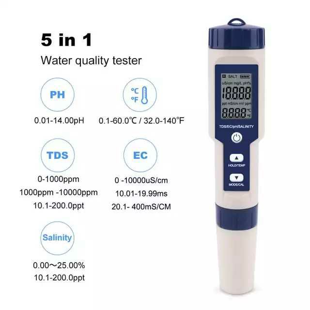 FLASH SALE-Thiết bị đo chỉ số nước EC/PH/TDS/SALT/TEMP 5 trong 1 có cảm biến thông minh cho hồ cá koi,cá cảnh,sinh hoạt