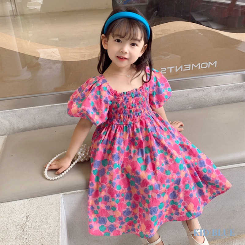 Đầm Hoa Cổ Vuông Tay Phồng Xếp Ly Thời Trang Hàn Quốc Dễ Thương Cho Bé Gái