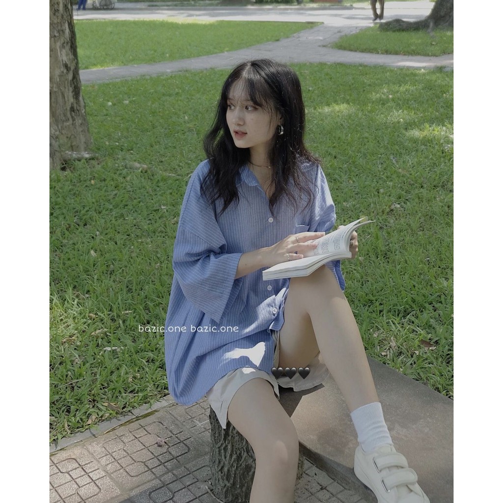 Áo sơ mi kẻ sọc form rộng tay lỡ túi ngực - Áo sơ mi kẻ sọc tay lỡ oversize ulzzang