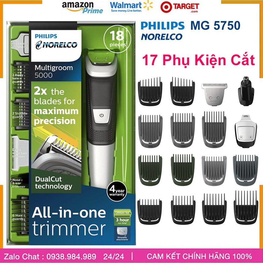 [Nội Địa Mỹ] Tông Đơ Philips Norelco MG3750 Multigroom  MG3000 cắt tóc, cạo râu, cắt lông mũi, 13 đầu phụ kiện