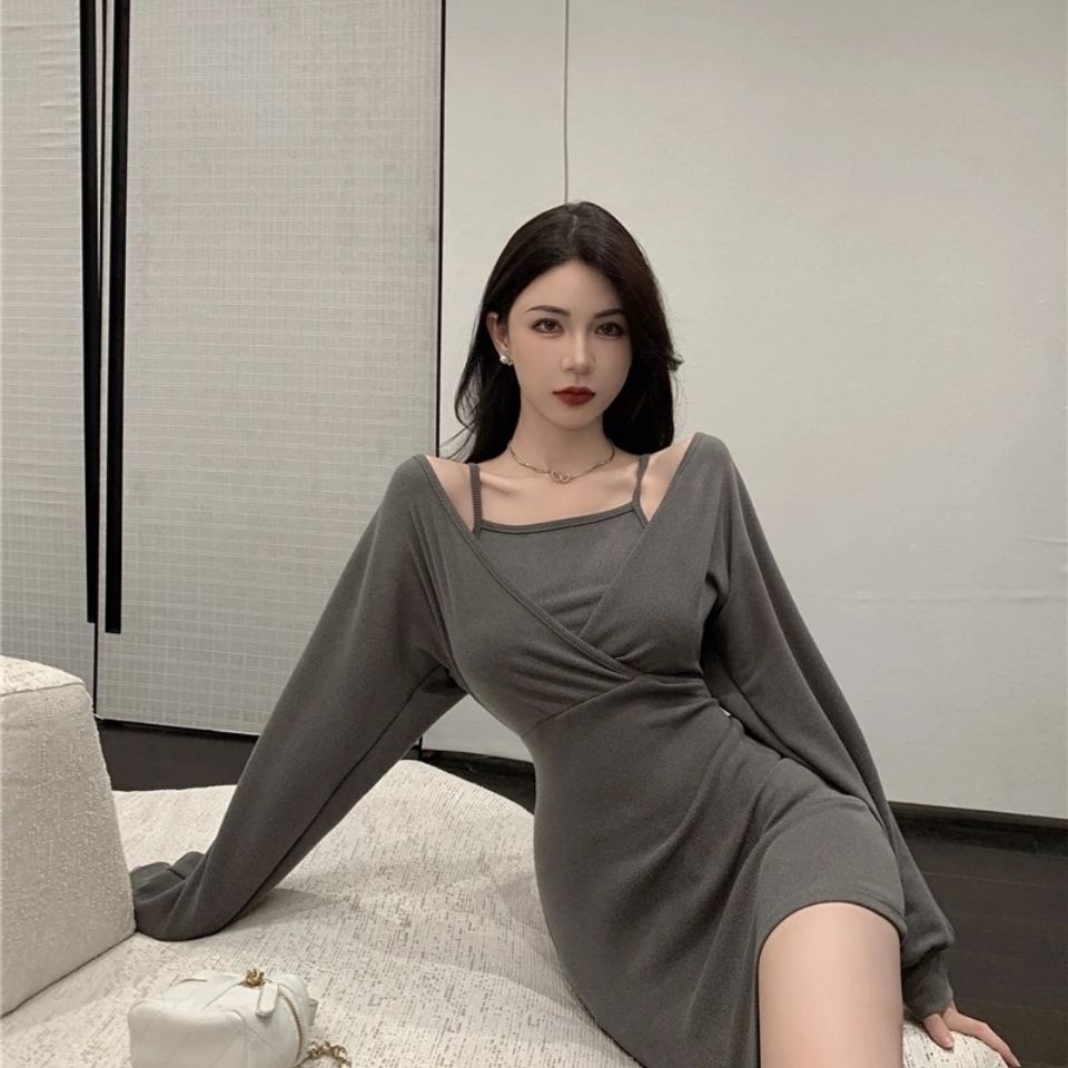 COZOK Set đầm tay dài phối áo khoác ngoài thời trang cho nữ