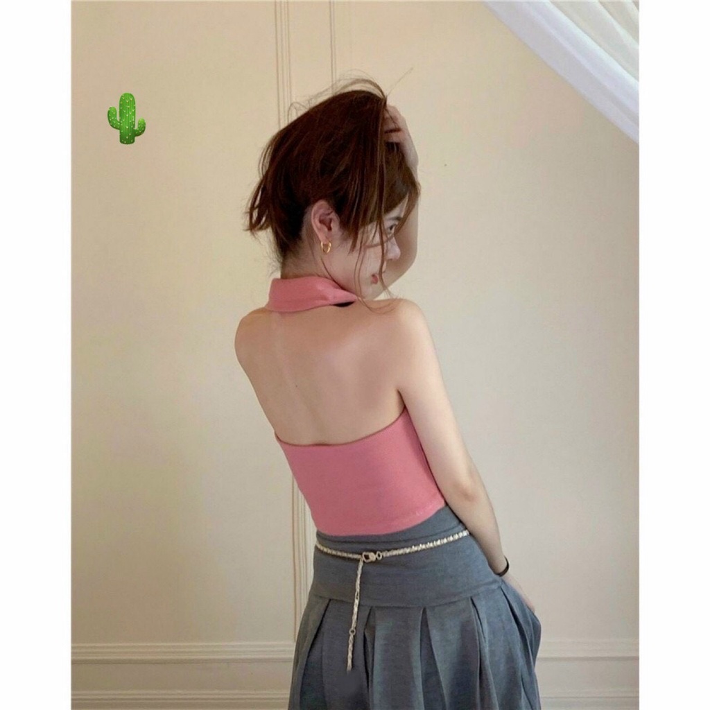 Áo kiểu croptop cổ bẻ hở lưng sát nách cực xinh , chất thun bozip mềm mịn