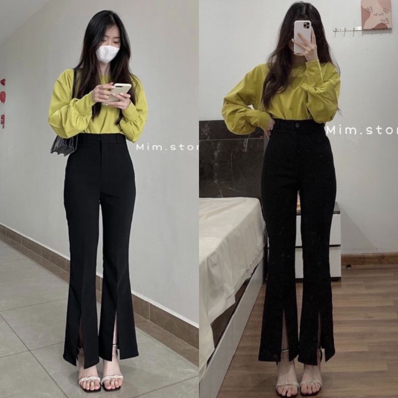 Quần ống loe xẻ gấu trước cạp cao tôn dáng màu đen - Quần tây ống vẩy xòe lưng cao xẻ tà cá đính điệu công sở hẹn hò