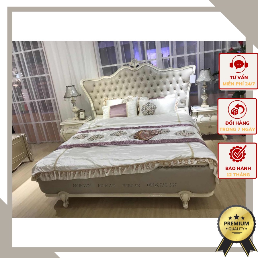Giường ngủ tân cổ điển màu ghi xám họa tiết uốn lượn mềm mại cho không gian phòng ngủ sang trọng BED-MDF-GHI-18912-XYL.