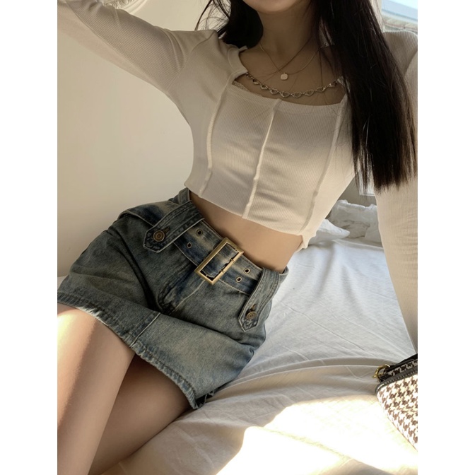 LALISAS Quần short denim Lưng Cao Thời Trang Hàn Quốc Quyến Rũ Cho Nữ