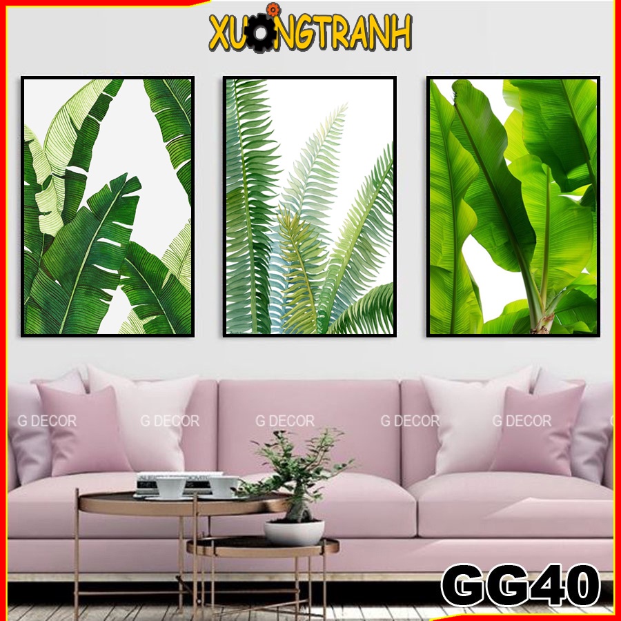 Tranh treo tường canvas 3 bức phong cách Bắc Âu 40, tranh lá trang trí phòng khách, phòng ngủ, spa,cửa hàng, decor