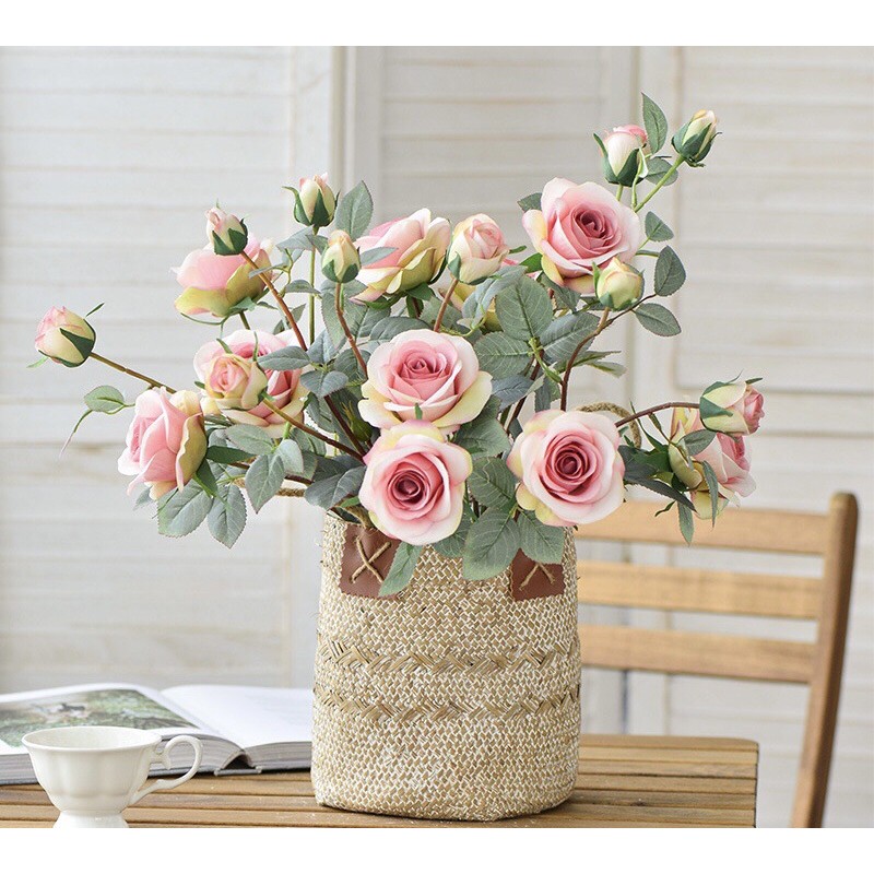 Hoa lụa, cành 4 bông hoa hồng Pháp cao cấp giống thật trang trí trí sang trọng