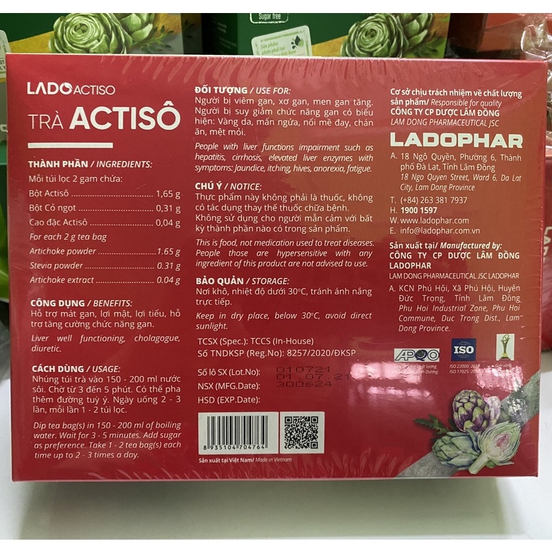 Trà Actisô Ladophar (Ngọt Tự Nhiên) - Hộp 100 Túi Lọc