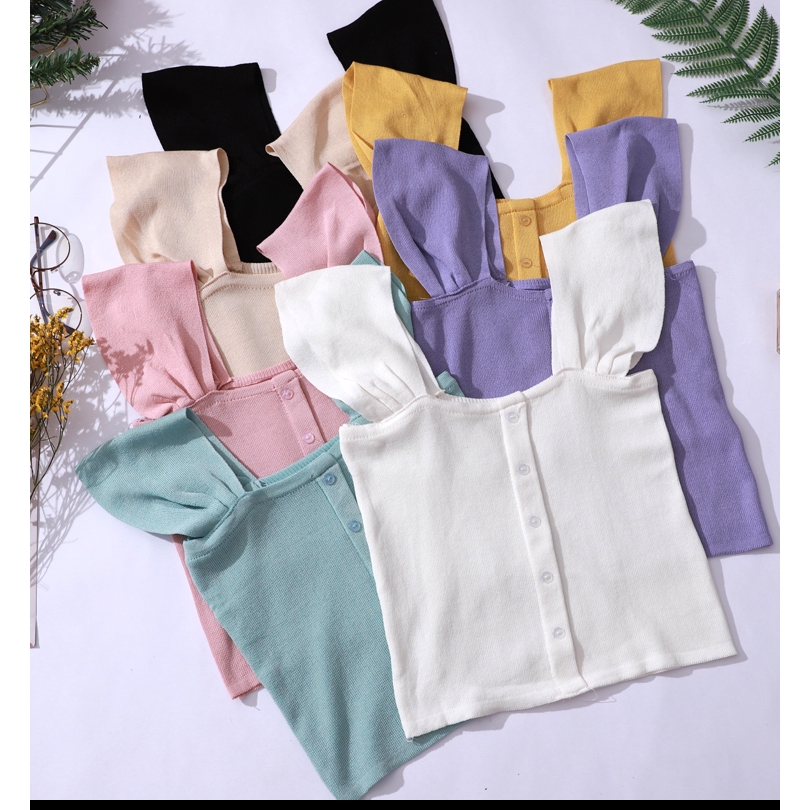 Áo croptop dệt kim màu trơn phối nút thời trang cho nữ
