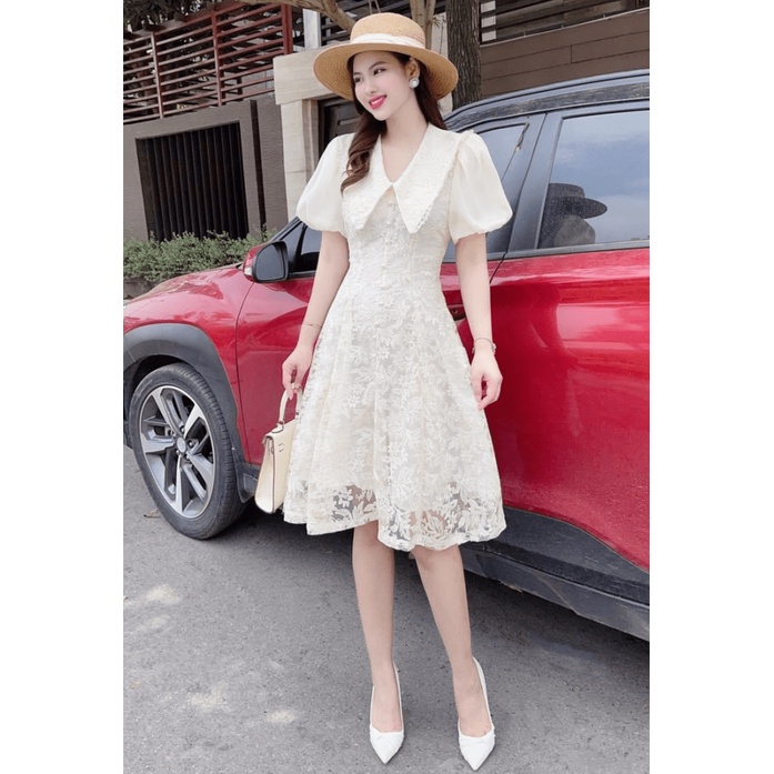 Mẫu HOT-- Đầm Ren Cổ Sen Tay Ngắn Dáng Nhẹ Nhàng Cực Sang Chảnh UP