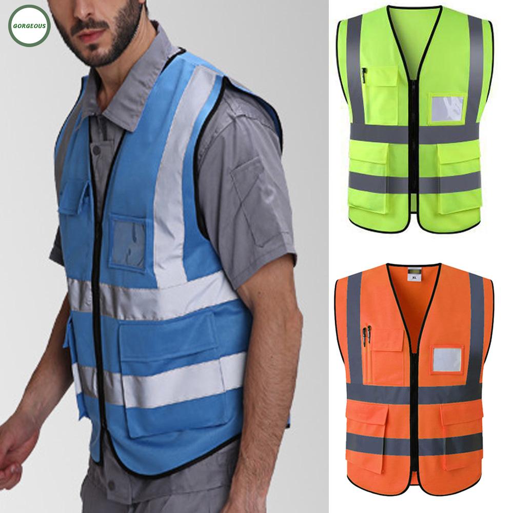 Vest Tops Security Construction Shirts Summer Pockets Zipper Sleeveless