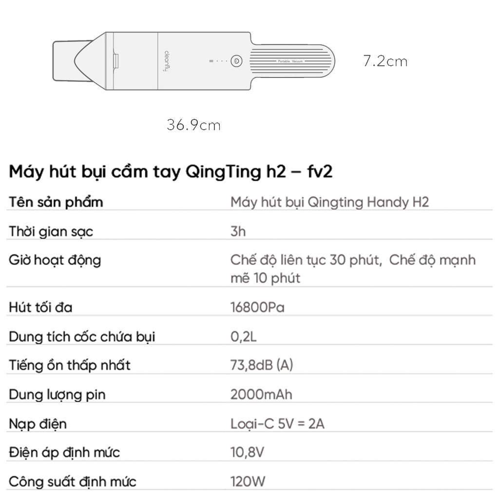 Máy Hút Bụi Cầm Tay Xiaomi QingTing – FV2-Máy Hút Bụi Xiaomi-Lực Hút Siêu Mạnh-Bảo Hành 12 Tháng