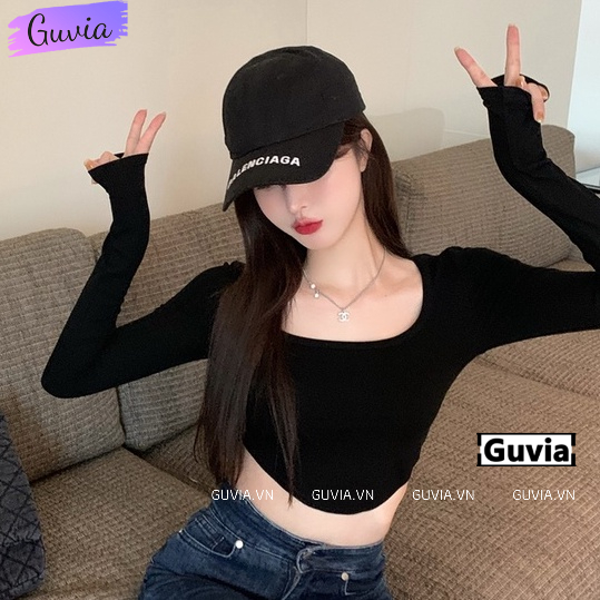 Áo Croptop Nữ Tay Dài Cổ U VẠT BẦU Ôm Body, Áo Thun Croptop Dài Tay Kiểu Sexy Chất Gân GUVIA CR13