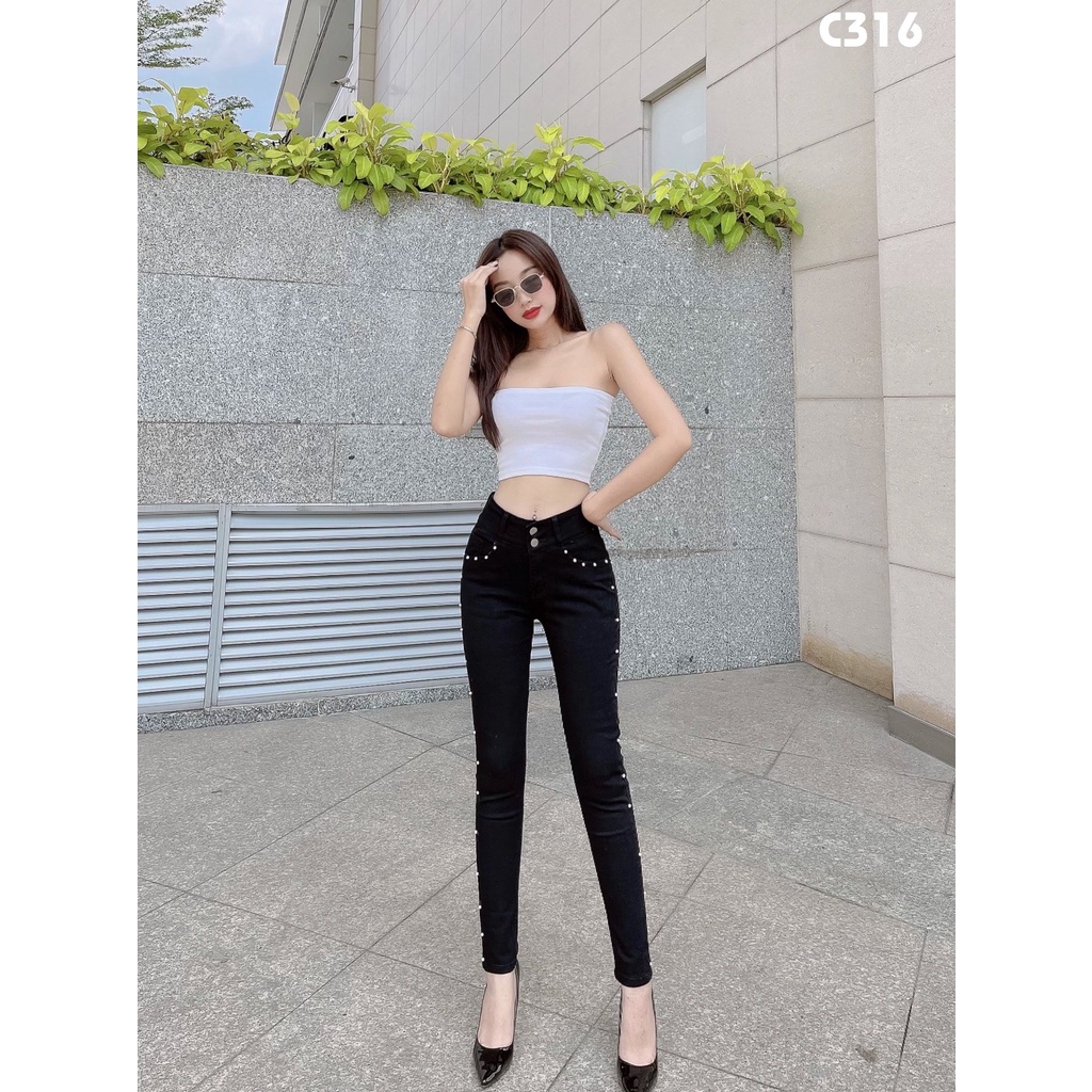 Quần jean nữ ôm đen đính hạt dọc sườn chất mềm co giãn C316