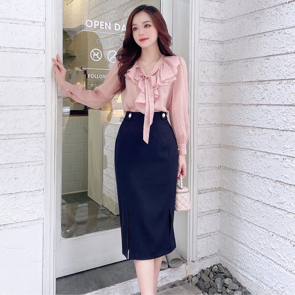 Áo sơ mi tơ cổ bèo buộc nơ, áo thiết kế cách điệu trắng hồng trơn A937 KYMIE
