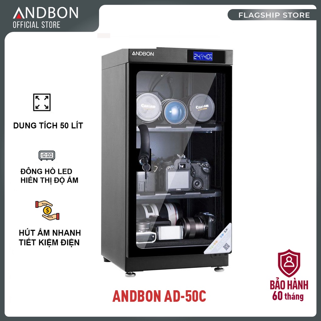 Tủ chống ẩm máy ảnh 50 lít Andbon AD-50C, Tủ hút ẩm máy ảnh 50l ba ngăn công nghệ Nhật Bản - [BH hãng 60 tháng],