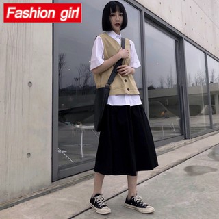 Chân Váy Yếm Dài Lưng Cao Dáng Rộng Phong Cách Harajuku Nhật Bản Cá Tính