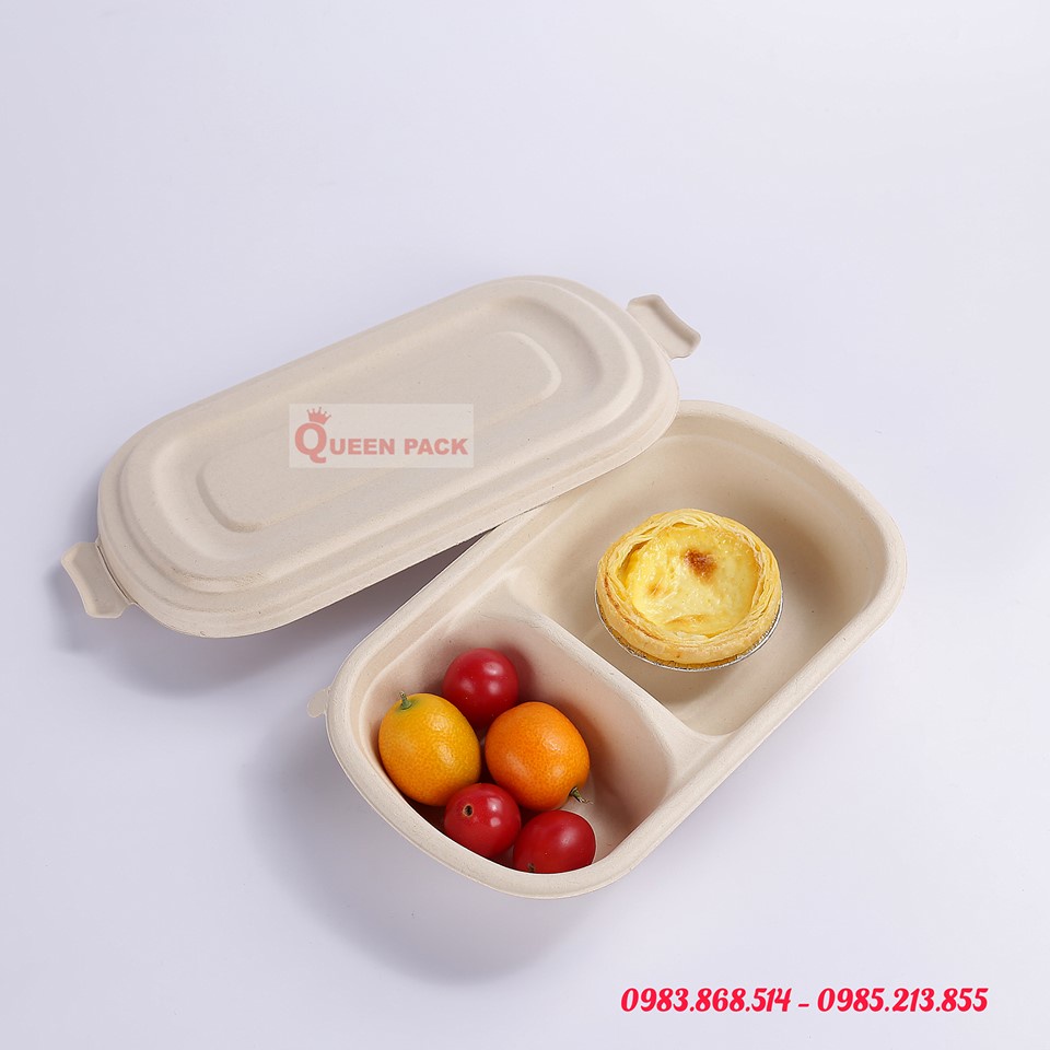 SET 50 Hôp bã mía 2 Ngăn Kèm Nắp Rời Bã Mía/Nhựa PET đựng đồ ăn dùng 1 lần, dùng cho nhà hàng quán ăn khách sạn
