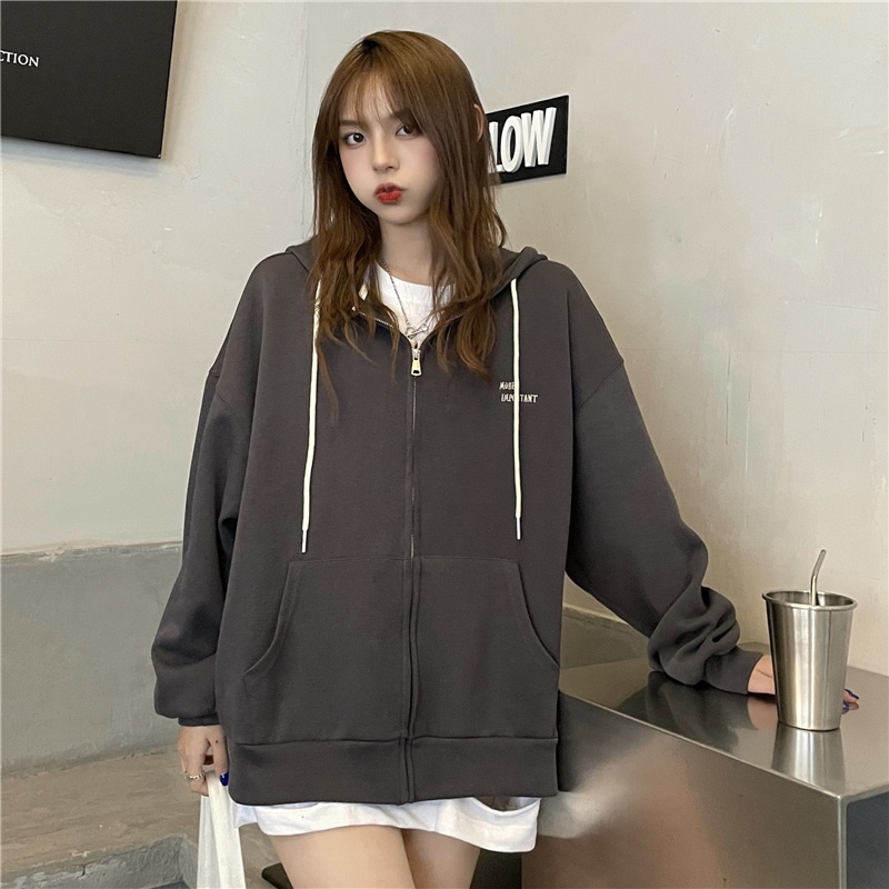 Áo hoodie Nữ Dáng Rộng Có Khóa Kéo Phong Cách Hàn Quốc