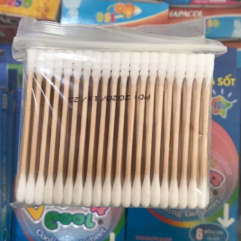 Tăm bông thân gỗ cao cấp bịch 100 cây, Tăm bông nguyên liệu 100% cotton
