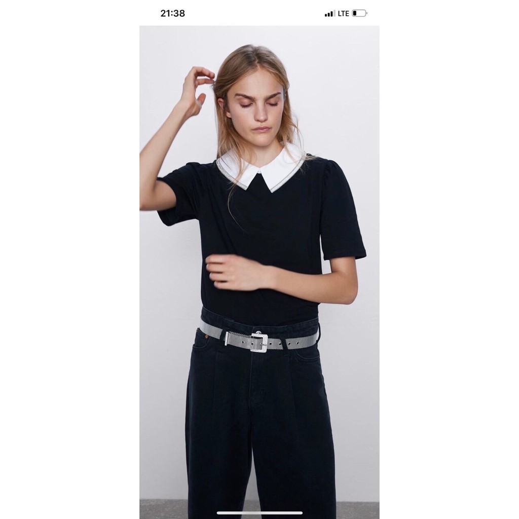 Áo thun Zara đen cổ trắng