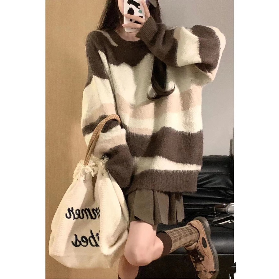 Jiashucheng Áo Sweater Dáng Rộng Mềm Kẻ Sọc Màu Tương Phản Thời Trang Thu Đông Cho Nữ