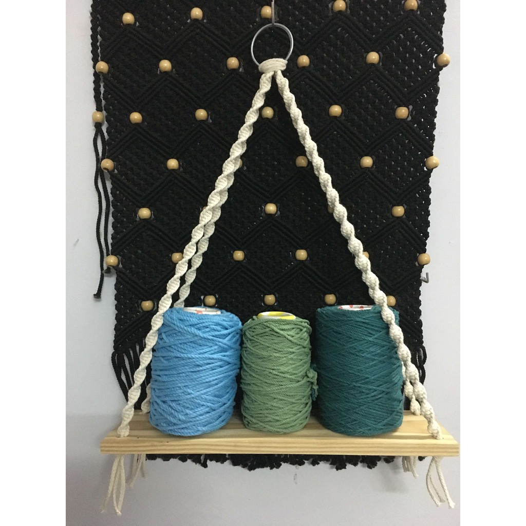 Kệ gỗ treo tường macrame ngang 50cm x 24cm dây thừng trắng làm giá sách, kệ trang trí | Macrame wooden shelf