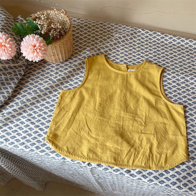 Áo Thun Cotton Lanh Dáng Rộng Không Tay Phong Cách Nhật Hàn Thời Trang Xuân Hè Hàng Mới 2022 Dành Cho Bé Trai Bé Gái