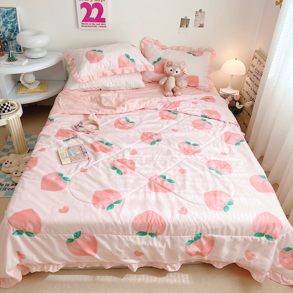 Bộ Chăn Ga COTTON Đũi Bèo Hàn Quốc chăn chần bông - Combo 4 món họa tiết bánh bèo trẻ em